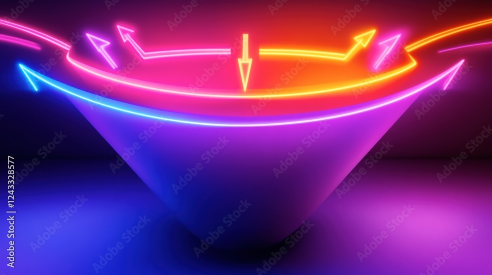 Close-up of a funnel glowing with vibrant colors and arrows indicating audience flow through various marketing stages. Close-up of a funnel glowing with vibrant colors and arrows indicating audience flow through various marketing stages.