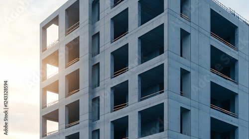 Modern concrete apartment building under construction, sunlight shining through, urban development photo