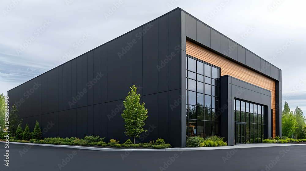 Modern dark-gray warehouse building exterior in urban location. Possible use Commercial real estate, architecture Modern dark-gray warehouse building exterior in urban location. Possible use Commercial real estate, architecture