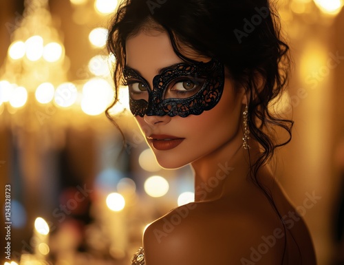 Elegant masked woman at a lavish masquerade ball in a dimly lit hall