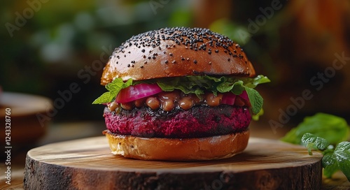 Flavorful plant-based burger served on a wooden board with fresh toppings and...