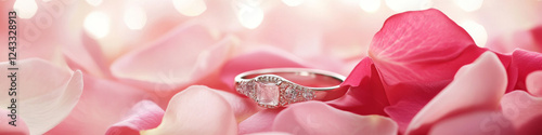 sparkling vintage style ring surrounded by soft pink rose petals, evoking romance and elegance.