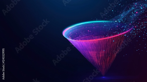 Creative visual of a funnel glowing with data streams, representing optimized lead generation for digital marketing.