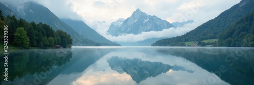 Misty morning on Lake Bohinj with reflections of Triglav mountain, reflection, bohinj