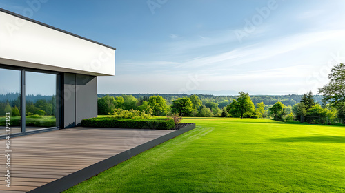 Modern home exterior with expansive lawn and scenic view. Use Stock photo for real estate, architecture, and home design photo