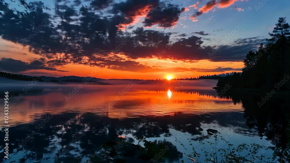Breathtaking sunrise over serene lake with dramatic clouds and reflections