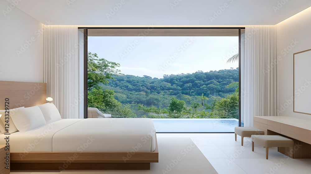 Fototapeta premium Modern hotel bedroom with pool view. Interior design. Potential use for tourism marketing