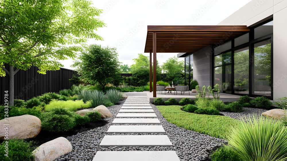 Obraz premium Modern house backyard patio with walkway and landscaping