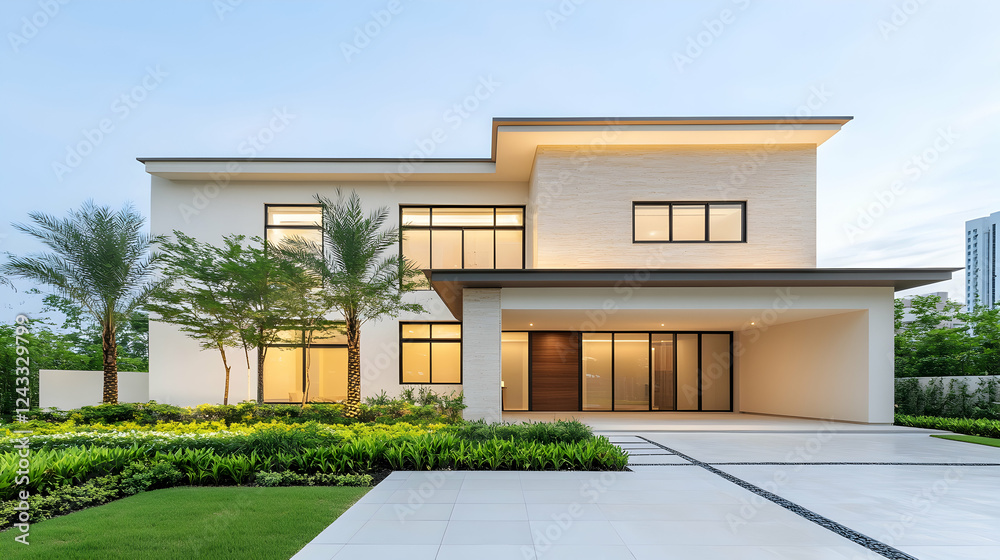 Obraz premium Modern house exterior at dusk, lush landscaping, calm ambiance, ideal for real estate or architectural photography