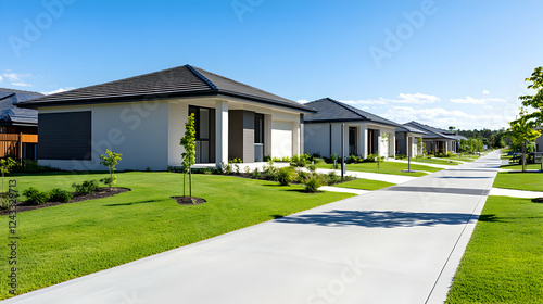 Modern homes, row, pathway, landscaped yard, residential area, ideal for real estate, home design, showcasing community, perfect for families, a peaceful suburb photo