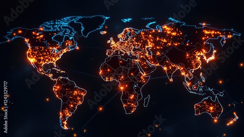 Digital world map on a black isolated background