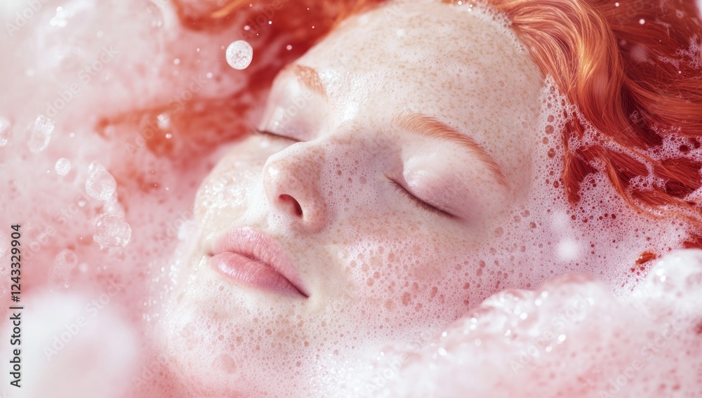 Fototapeta premium Serene redhead woman relaxing in a bubbly bath, enjoying a moment of peace and tranquility, surrounded by soft foam and bubbles, closed eyes, peaceful expression, soft light