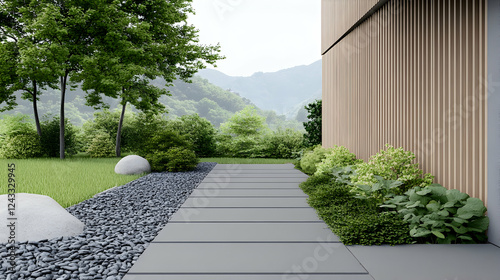 Modern house exterior with garden path and mountain view, ideal for real estate or architectural presentations photo