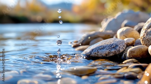 A tranquil riverside scene showcasing water droplets falling onto smooth stones, reflecting nature's beauty in a serene environment.