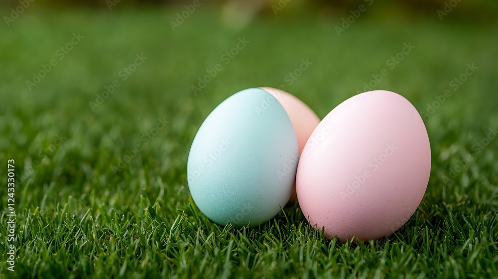Easter day celebration pastel tone easter eggs on green grass spring outdoor setting Easter day celebration pastel tone easter eggs on green grass spring outdoor setting