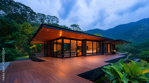 Modern house overlooking lush tropical landscape at dusk