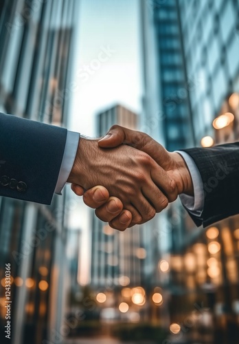 Business professionals shaking hands in a modern urban setting during dusk