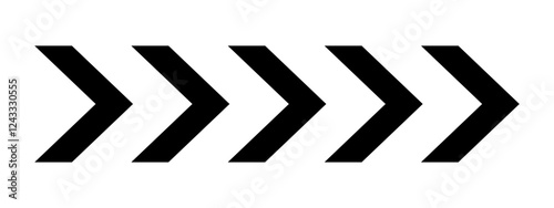 Black chevron arrows. Repeated V shaped stripes print. Orientation, motion, road caution, download, army insignia, next direction, military or navigation sign. Vector graphic illustration.