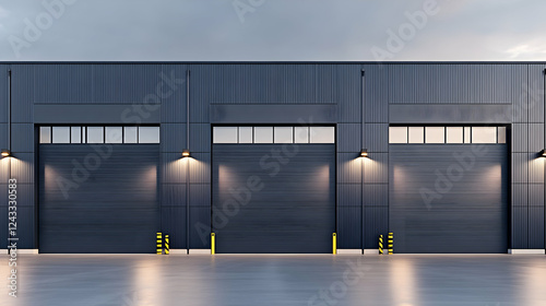 Modern industrial building with closed garages under cloudy sky.  Possible use Commercial real estate, industrial design photo