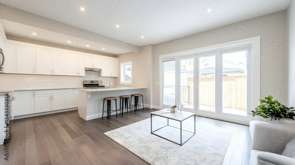 Fototapeta premium Modern kitchen, living area, patio access, hardwood floors, home staging, real estate listing