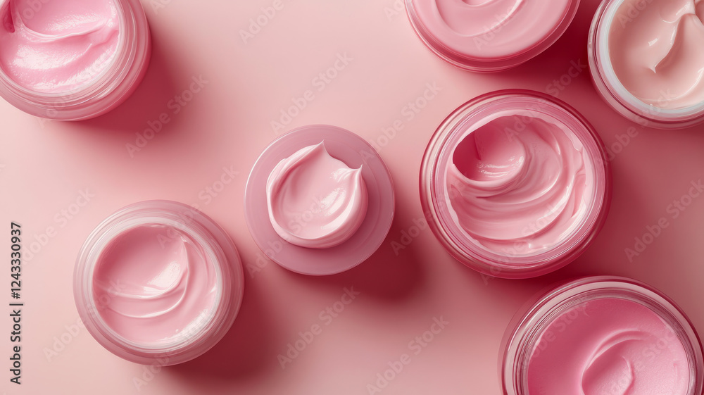 Open jars of pink cream on a pink background. Open jars of pink cream on a pink background.