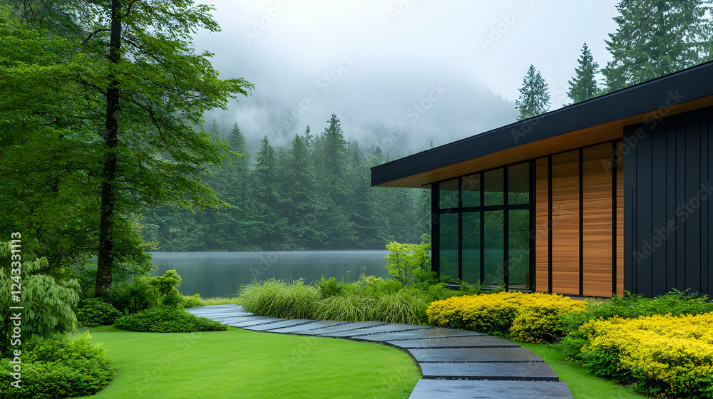 Fototapeta premium Modern lakeside home, misty forest, landscaped garden path, rainy day, real estate