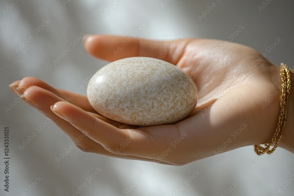 A hand gently cradles a speckled, off-white stone, radiating serenity and calmness. A hand gently cradles a speckled, off-white stone, radiating serenity and calmness.