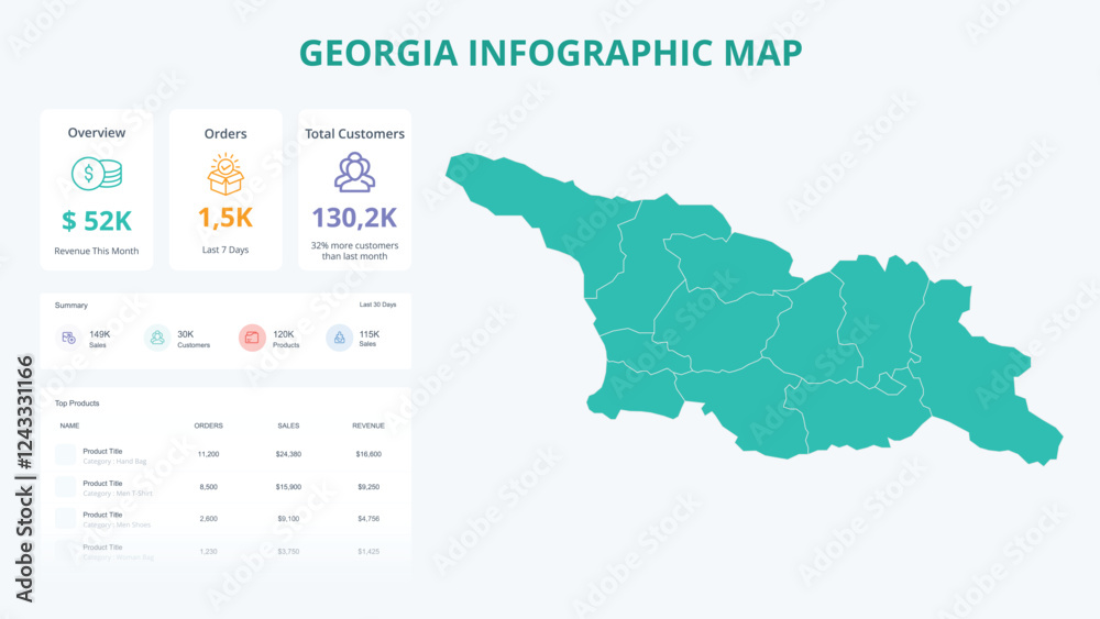 Naklejka premium Business Growth Infographic Map of Georgia. Orders, Customers, Sales Overview & product Infographic Map of Georgia. Easy to edit