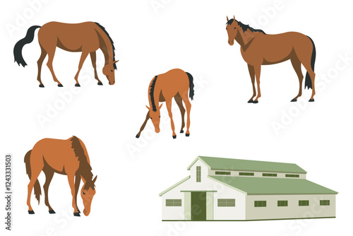 Set of vector illustrations with horses in different poses and a green-roofed stable on a white background