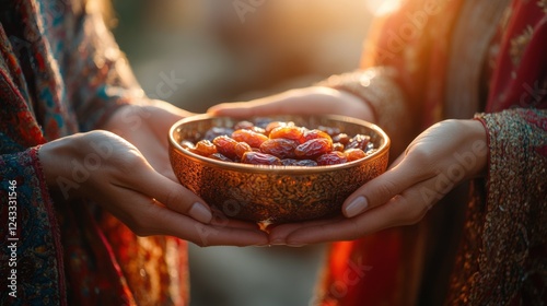 Hands Holding a Bowl of Dates Fruit for Islamic Holy Month, Iftar Party Closeup Photo.Fictional Character Created By Generative AI photo