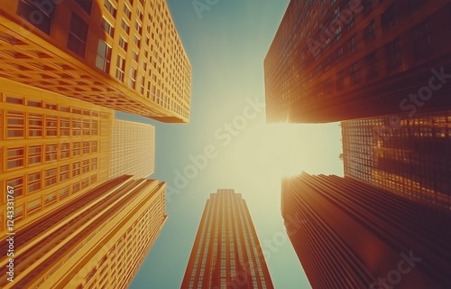 Sunny cityscape viewed from below, showcasing towering skyscrapers and a clea...