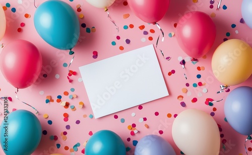 Colorful balloons and confetti surrounding a blank card on a pink background ...
