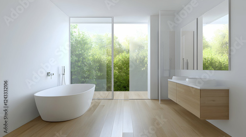 Modern minimalist bathroom with a view, bright, spacious. Use Interior design, home decor photo