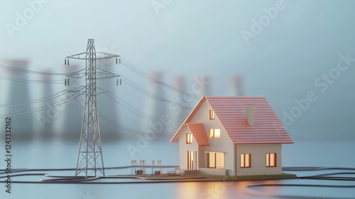 modern house model with innovative architecture near power line, showcasing energy efficiency and connectivity. scene evokes sense of harmony between home and technology