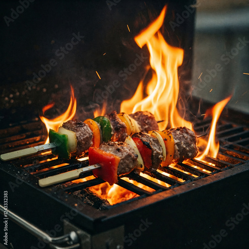 Barbecue Beef Kebabs On The Hot Grill Close-up. Flames of Fire In The Background photo