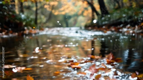 Autumn leaves floating downstream in tranquil forest stream