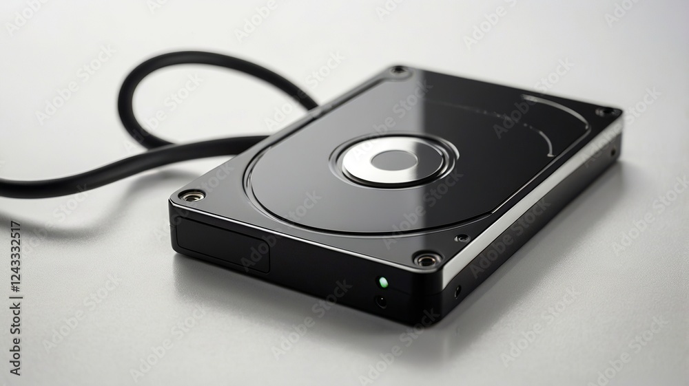Black External Hard Drive with Cable on White Surface Black External Hard Drive with Cable on White Surface