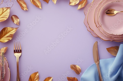 Elegant table setting with golden leaves and pastel colors arranged for a spe...