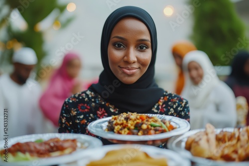 African Muslim Woman in Front of Delicious Foods at Dining Table for Iftar Party, Ramadan Mubarak Photo.Fictional Character Created By Generative AI photo