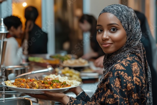 African Muslim Woman in Front of Delicious Foods at Dining Table for Iftar Party, Ramadan Mubarak Photo.Fictional Character Created By Generative AI photo