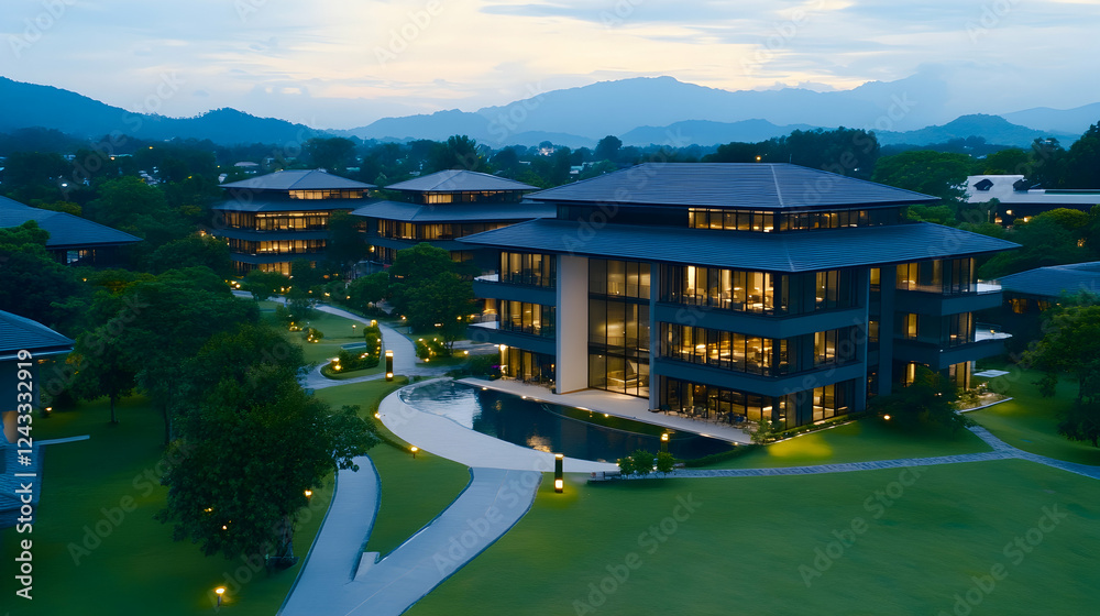 Naklejka premium Modern office buildings complex at twilight, nestled in a tranquil landscape. Aerial view showcasing architectural design, spacious grounds, and serene ambiance. Ideal for commercial property showcase