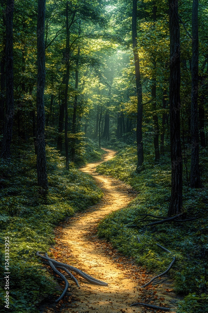 Obraz premium Sunlit Path Winding Through Lush Green Forest