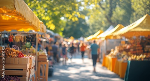 Vibrant outdoor market showcasing local produce and crafts in sunny weather