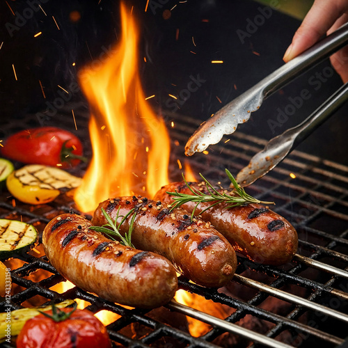 Grilled juicy sausages on a grill with fire. Shallow depth of field