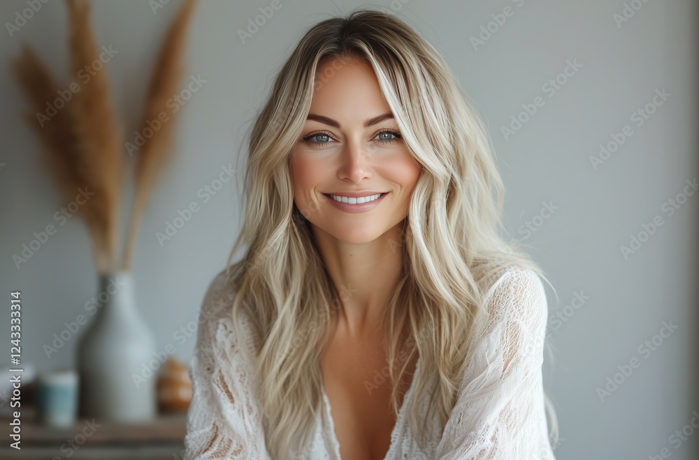 Fototapeta premium Young woman with long, blonde hair smiling warmly in a neutral-toned room decorated with natural elements