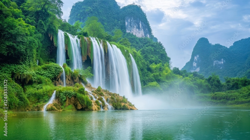 Naklejka premium A serene waterfall cascades into a river, with a small boat gently floating on the water, creating a tranquil and picturesque scene.