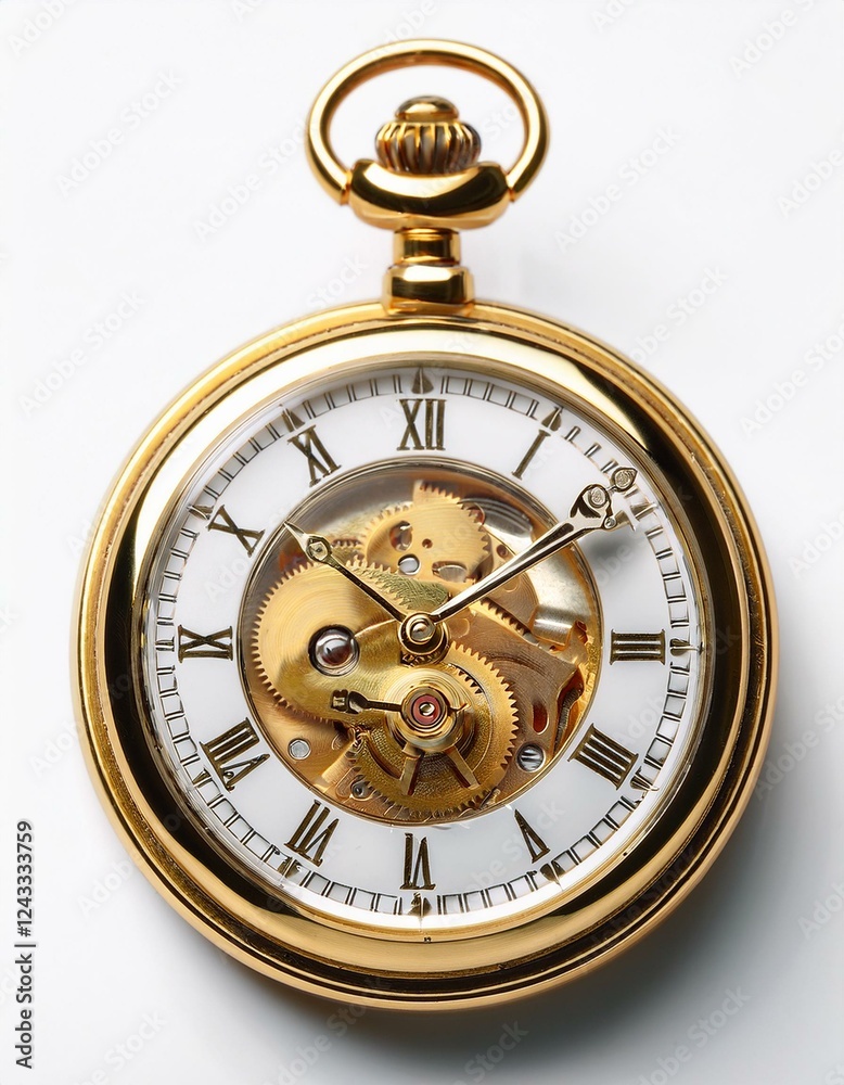 美しい金色のポケットウォッチが白い背景に置かれ、時計の機構が精緻に見えるクローズアップショット
