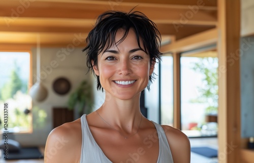Natural smile from woman in casual attire inside modern home during daytime