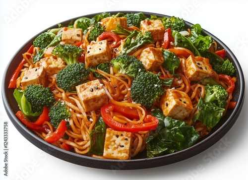 Vegetable stir fry with tofu and noodles served in a black bowl
