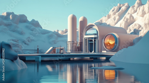 minimalist condo with futuristic power plant, surrounded by icy mountains and serene water body, evokes sense of tranquility and innovation